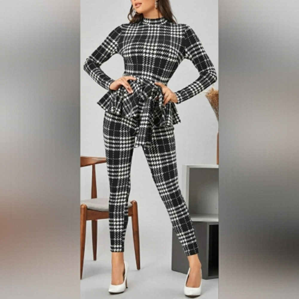 SHEIN Houndstooth Two Piece Set Womens Small Ruffle Hem Belted Outfit